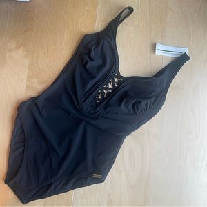 Stunning European Designer D-cup underwire 1pc tank swimsuit gold hardware